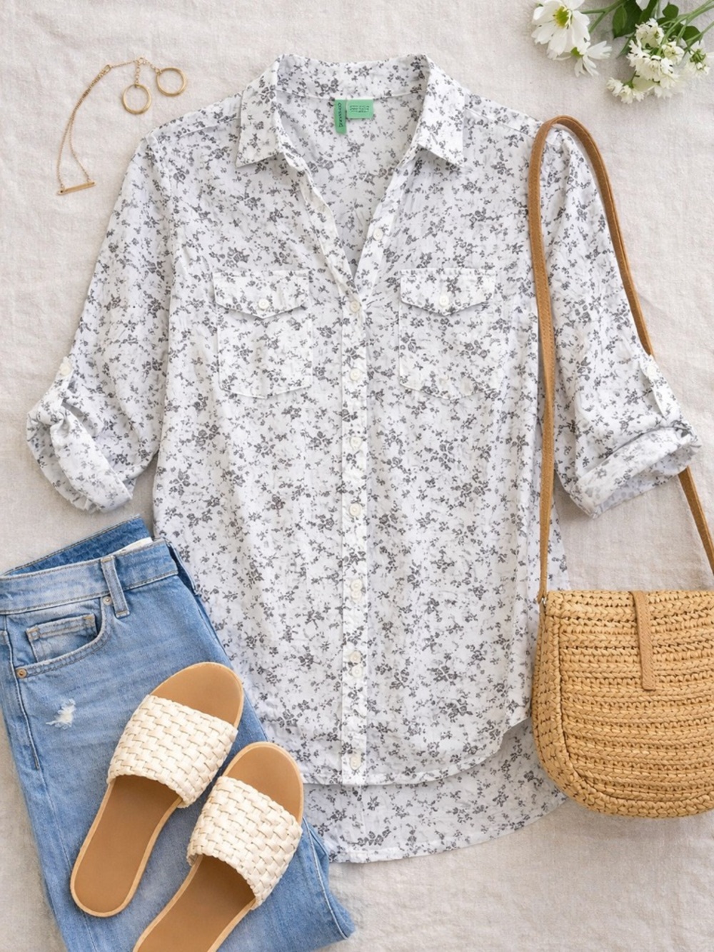 Love Potion White Black Floral Cotton Button Down Blouse Roll Tab L‎